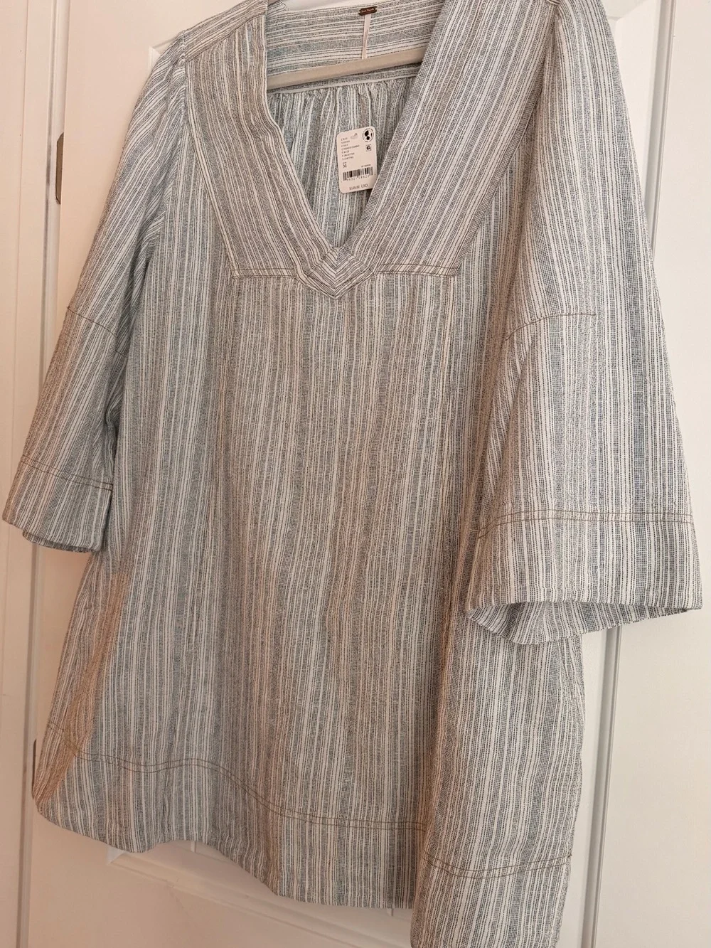 Free People Linen Blend Striped Tunic Dress Blue White Size M NWT